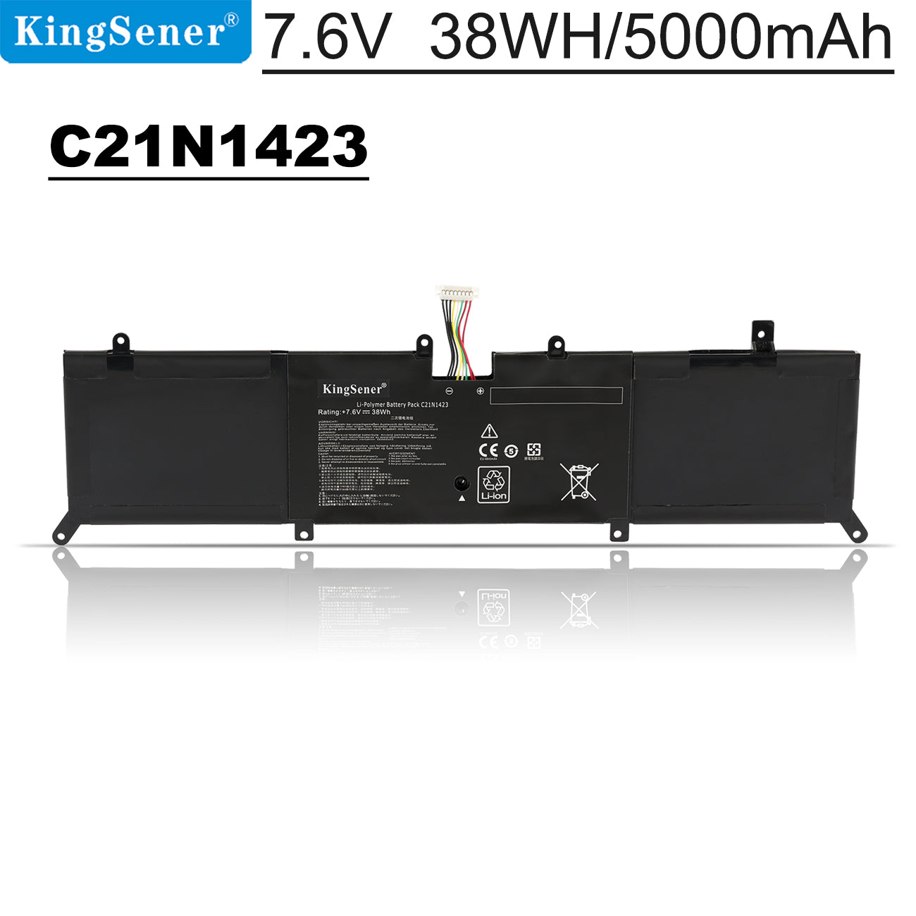 C21N1423 rechargeable laptop battery for ASUS X302L X302LJ series, 7.6V 38Wh, black battery pack with internal connector wiring.