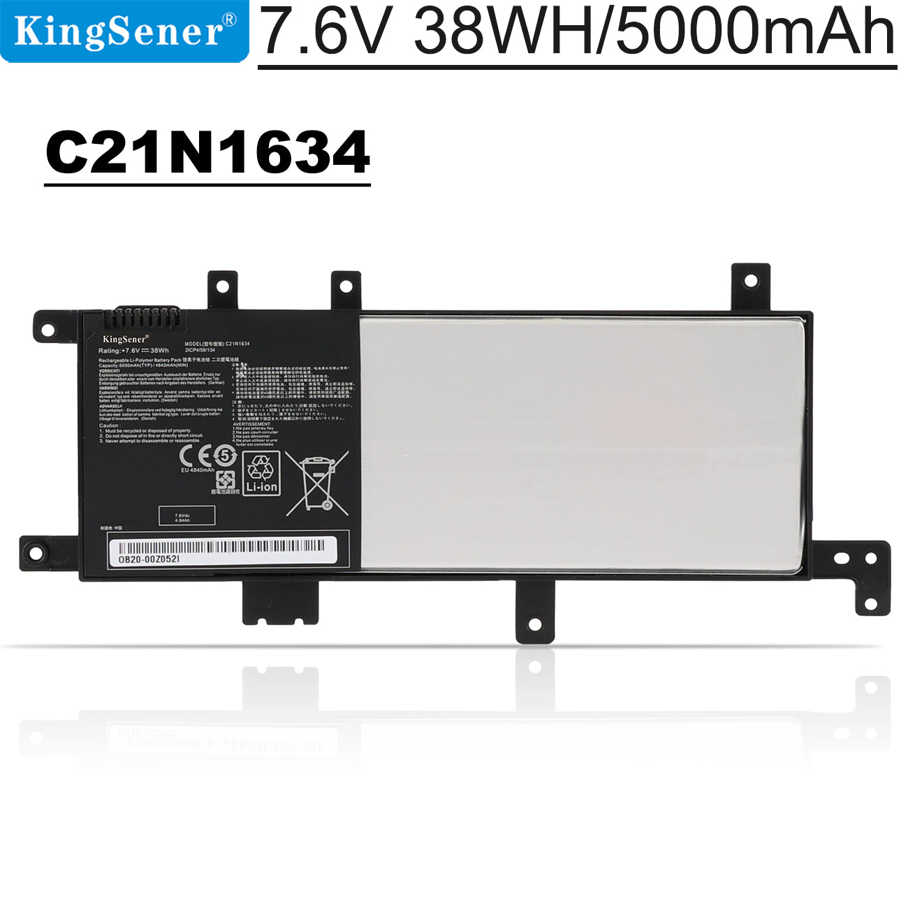 C21N1634 Laptop Battery for ASUS Vivobook R542, 7.6V 5000mAh, internal pack with silver cells.