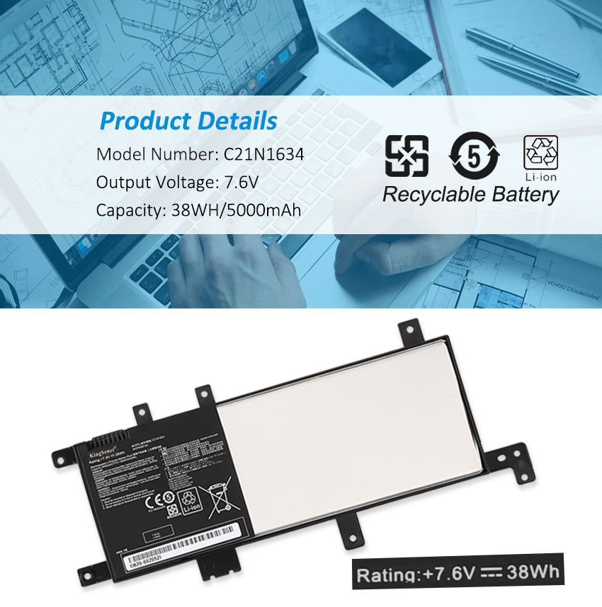 C21N1634 Laptop Battery for ASUS Vivobook R542, 7.6V 38Wh, view of the multi-pin gold pin connector.