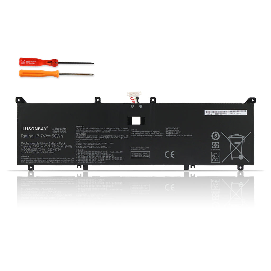 C22N1720 replacement battery for ASUS ZenBook S UX391UA, 7.7V 50Wh, front view with installation screwdrivers