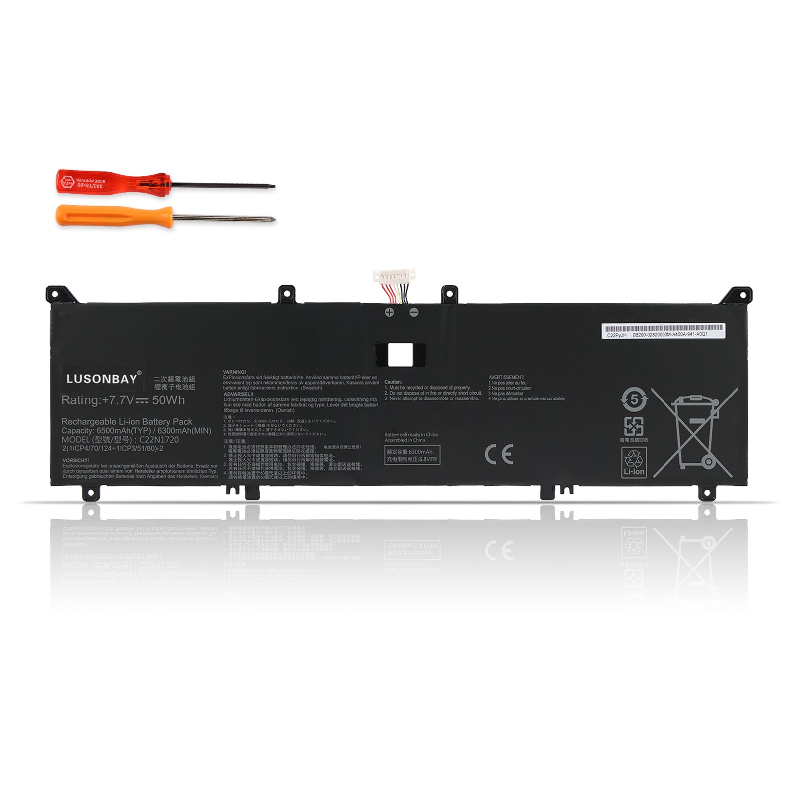 C22N1720 replacement battery for ASUS ZenBook S UX391UA, 7.7V 50Wh, front view with installation screwdrivers