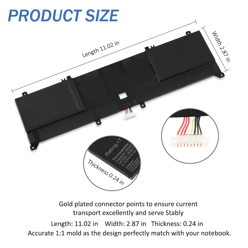 C22N1720 ASUS ZenBook S battery dimensions 11.02 x 2.87 x 0.24 inches, size diagram with gold plated connector