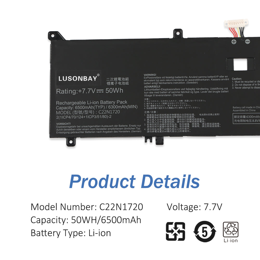 C22N1720 battery specifications label close-up, 7.7V 50Wh 6500mAh Li-ion for ASUS ZenBook S UX391
