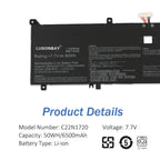 C22N1720 battery specifications label close-up, 7.7V 50Wh 6500mAh Li-ion for ASUS ZenBook S UX391