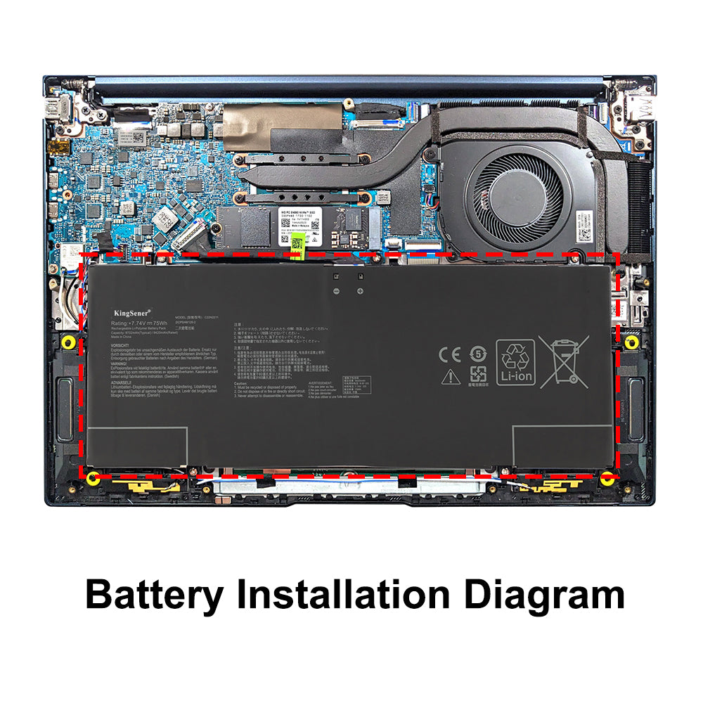 C22N2211 battery installation diagram showing exact placement inside ASUS ZenBook 14 OLED laptop with red outline guide