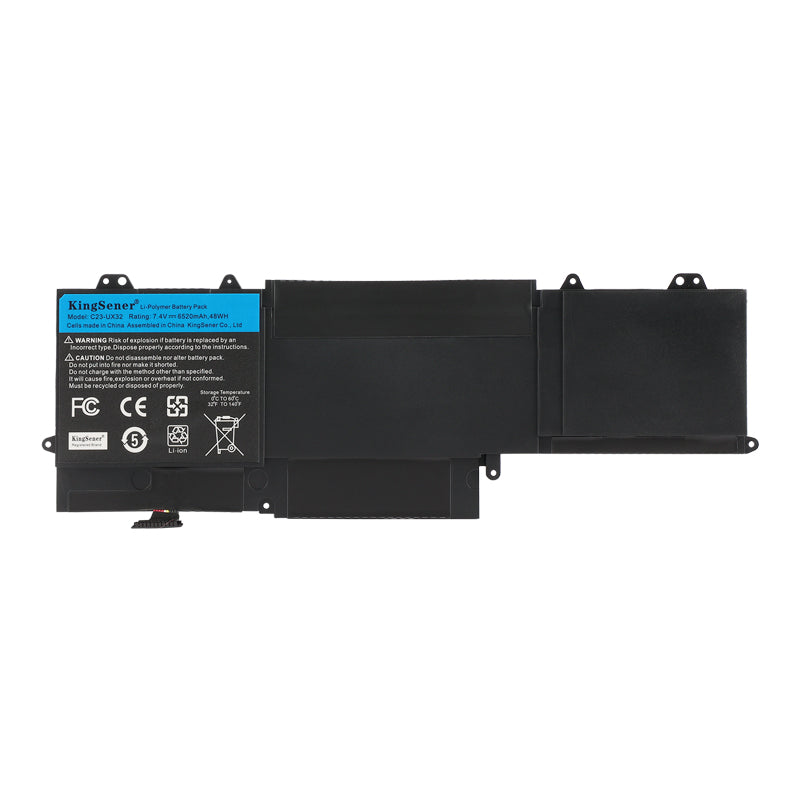C23-UX32 Replacement Laptop Battery for ASUS ZenBook UX32, 7.4V 6520mAh 48WH, black Li-Polymer pack with multi-pin connector and mounting tabs.