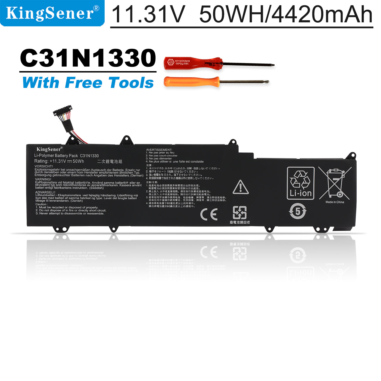 C31N1330 Laptop Battery for ASUS ZenBook UX32LA UX32LN, 11.31V 50Wh, black Li-Polymer pack with free screwdrivers, flat ribbon cable.