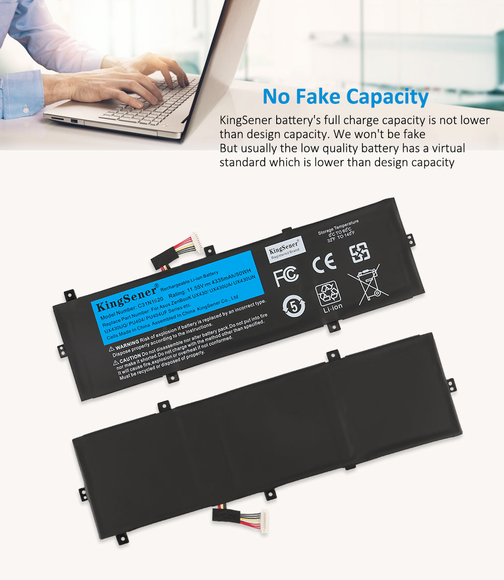 C31N1620 Laptop Battery for ASUS ZenBook UX430, 11.55V 50Wh, front view on reflective surface showing mounting holes.