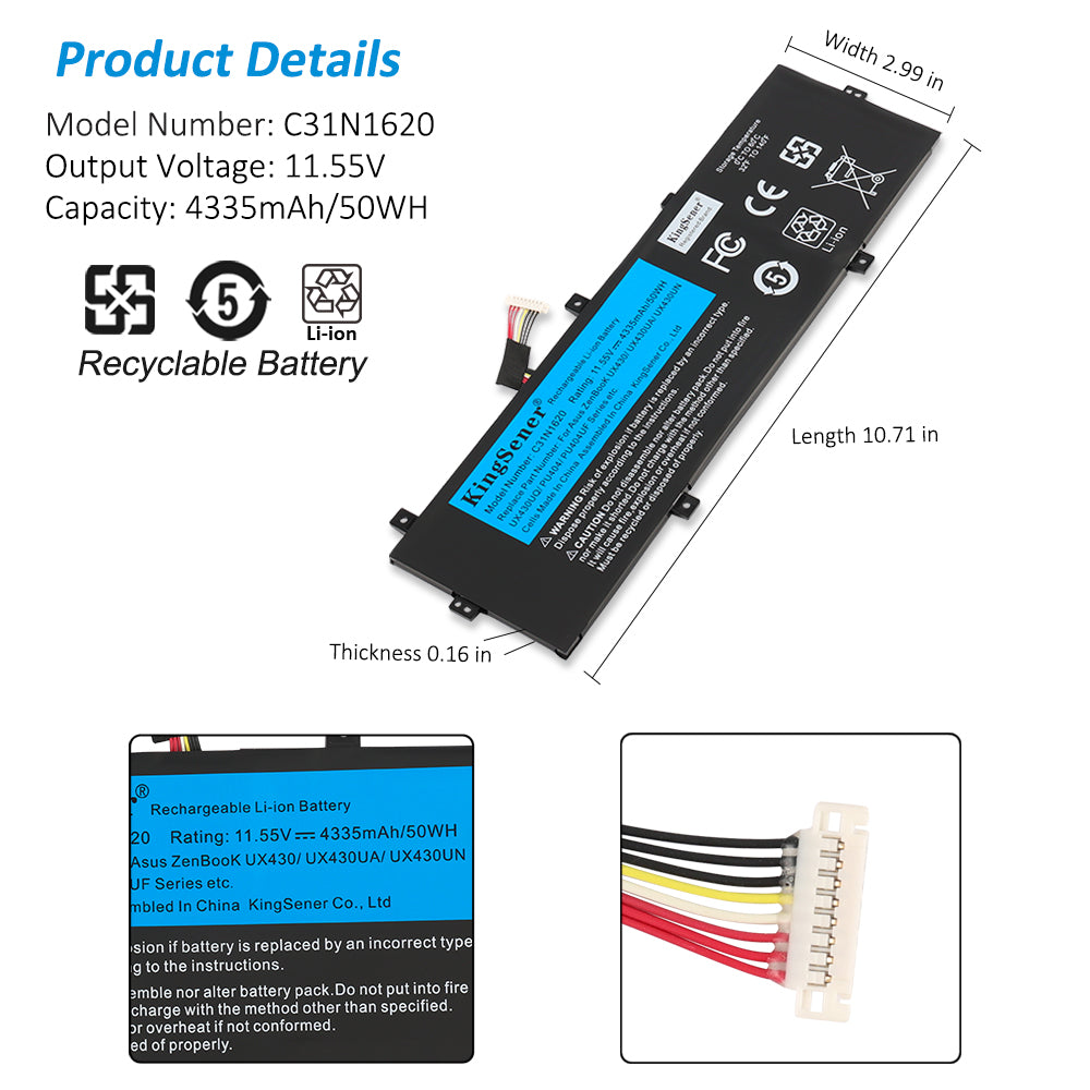C31N1620 Laptop Battery for ASUS ZenBook UX430, 11.55V 50Wh, infographic showing product dimensions and recycling icons.