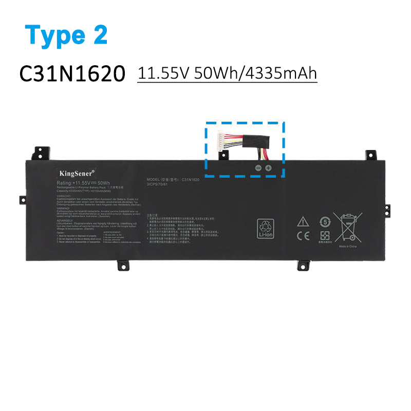 ASUS C31N1620 replacement Li-Polymer laptop battery 11.55V 50Wh Type 2 with ribbon cable on right side