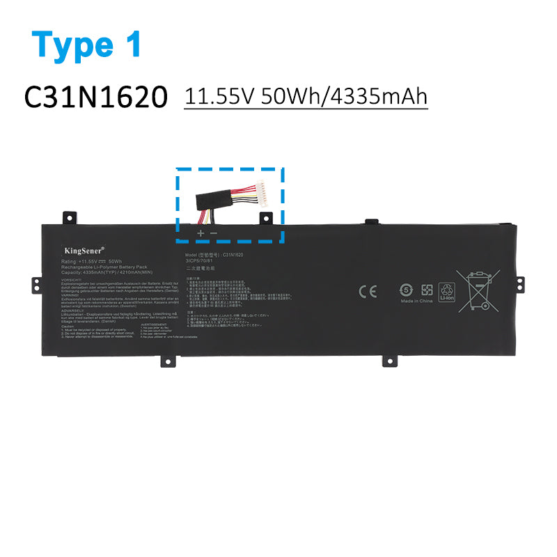 ASUS C31N1620 replacement Li-Polymer laptop battery 11.55V 50Wh Type 1 with ribbon cable on left side