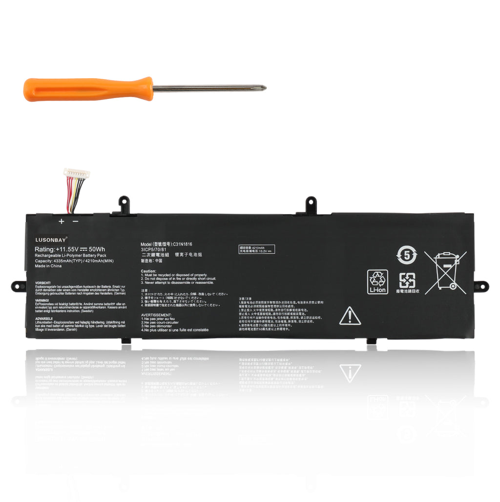 C31N1816 replacement battery for Asus ZenBook Flip 13 UX362, 11.55V 50Wh Li-ion, front view with installation screwdriver