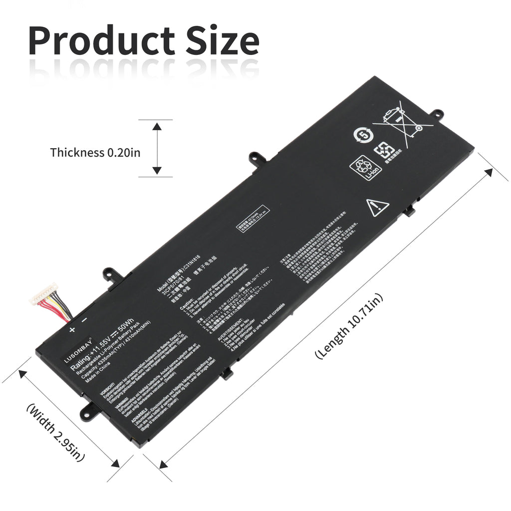 C31N1816 Asus ZenBook Flip 13 battery dimensions 10.71 x 2.95 x 0.20 inches, product size diagram with angled view