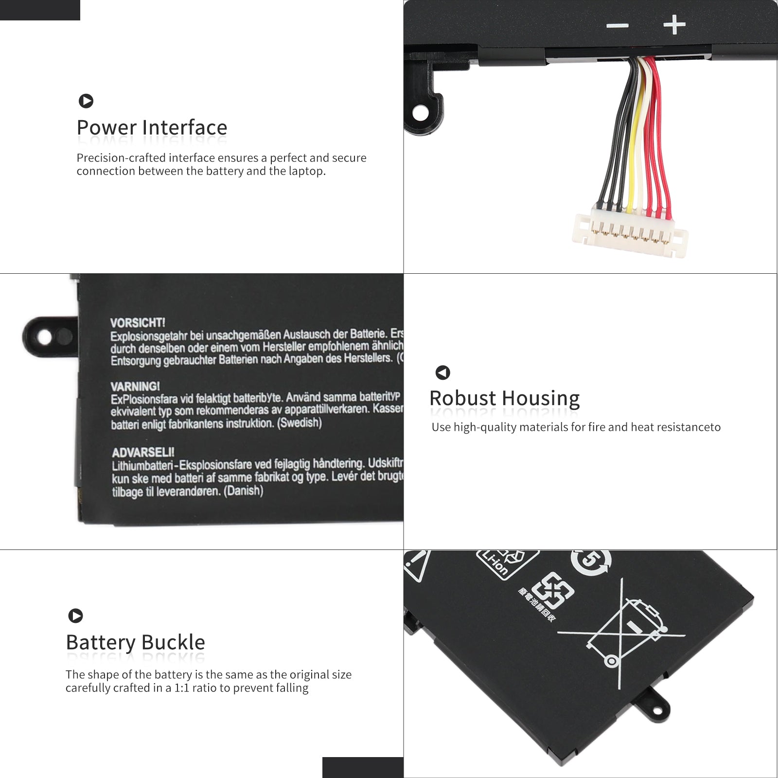 C31N1816 Asus ZenBook Flip 13 battery details, multi-pin interface connector, robust housing and buckle design close-up