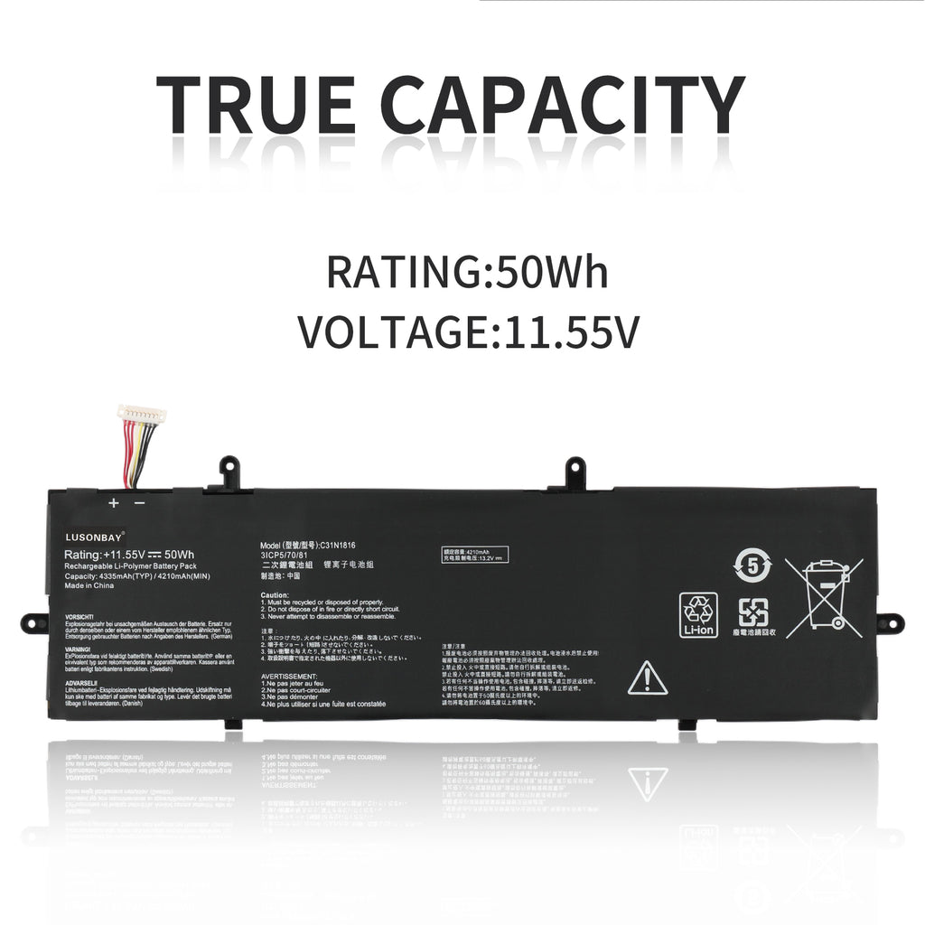 C31N1816 battery true capacity rating, 11.55V 50Wh 4335mAh Li-ion for Asus ZenBook Flip 13 UX362FA, full label view