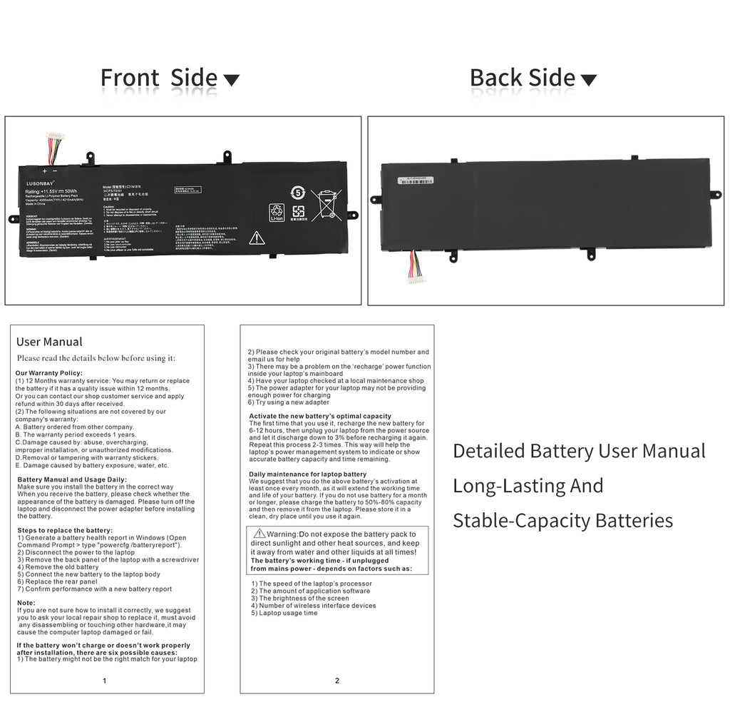 C31N1816 replacement battery front and back side view with detailed user manual for Asus ZenBook Flip 13 UX362 series