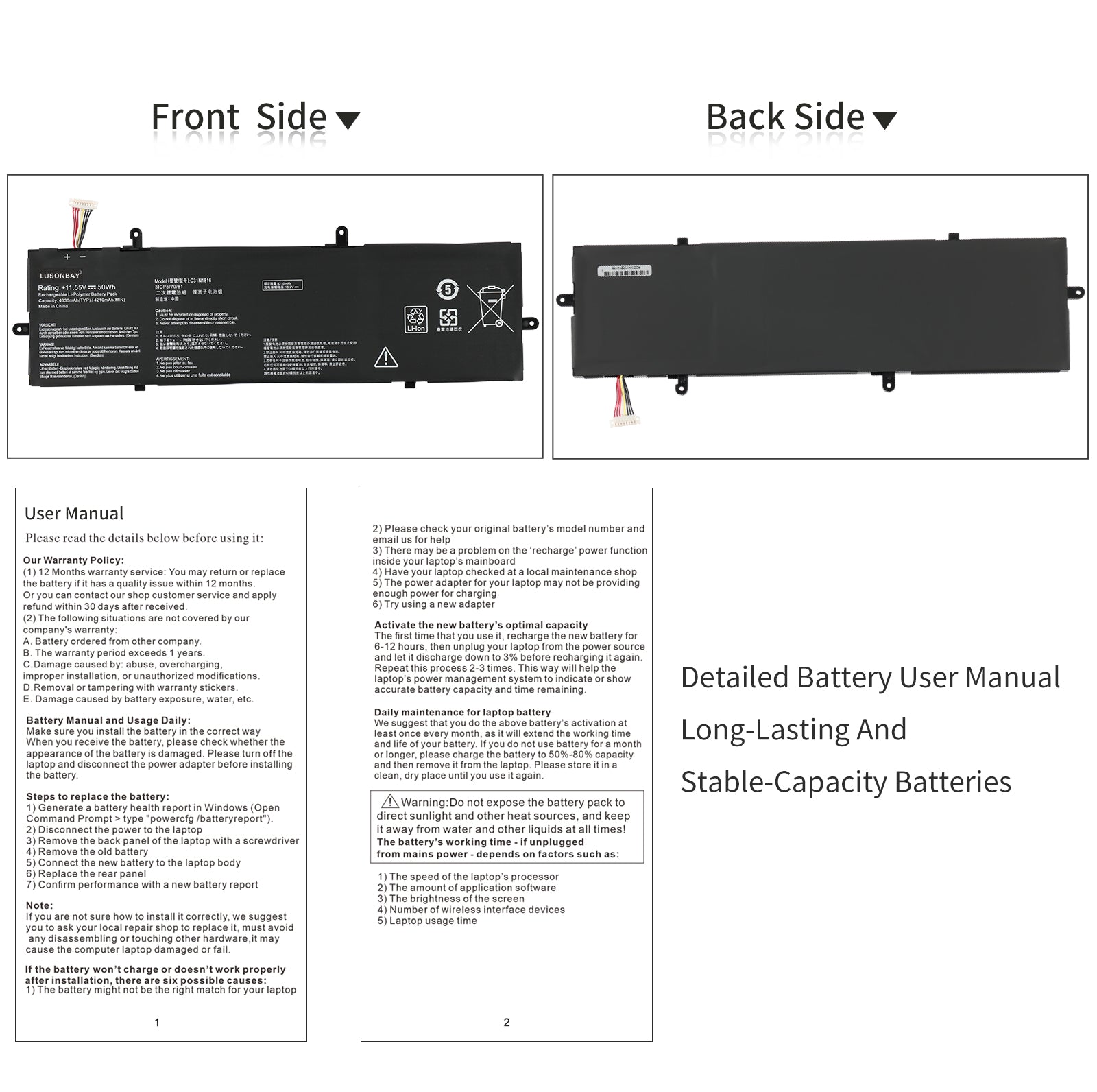C31N1816 replacement battery front and back side view with detailed user manual for Asus ZenBook Flip 13 UX362 series