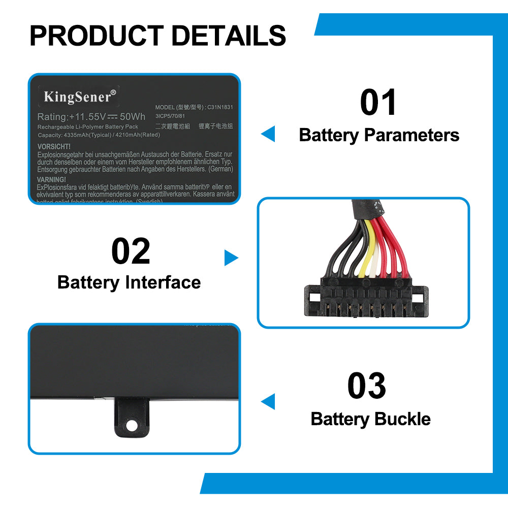 C31N1831 replacement battery details: 11.55V 50Wh 4335mAh 3ICP5/70/81 with colored wire harness connector and buckle