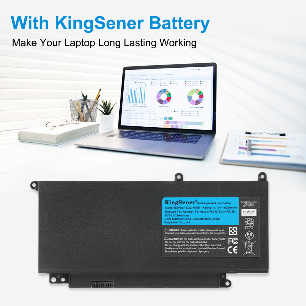 C32-N750 Laptop Battery for ASUS N750 Series, 11.1V 69Wh, view of six screw mounting tabs around perimeter.