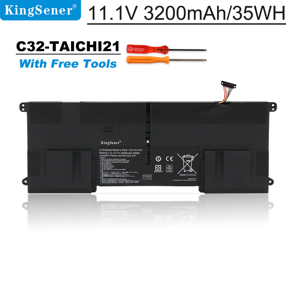 C32-TAICHI21 replacement battery for ASUS Taichi21 Ultrabook, 11.1V 3200mAh, slim battery pack with mounting tabs.
