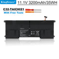 C32-TAICHI21 replacement battery for ASUS Taichi21 Ultrabook, 11.1V 3200mAh, slim battery pack with mounting tabs.