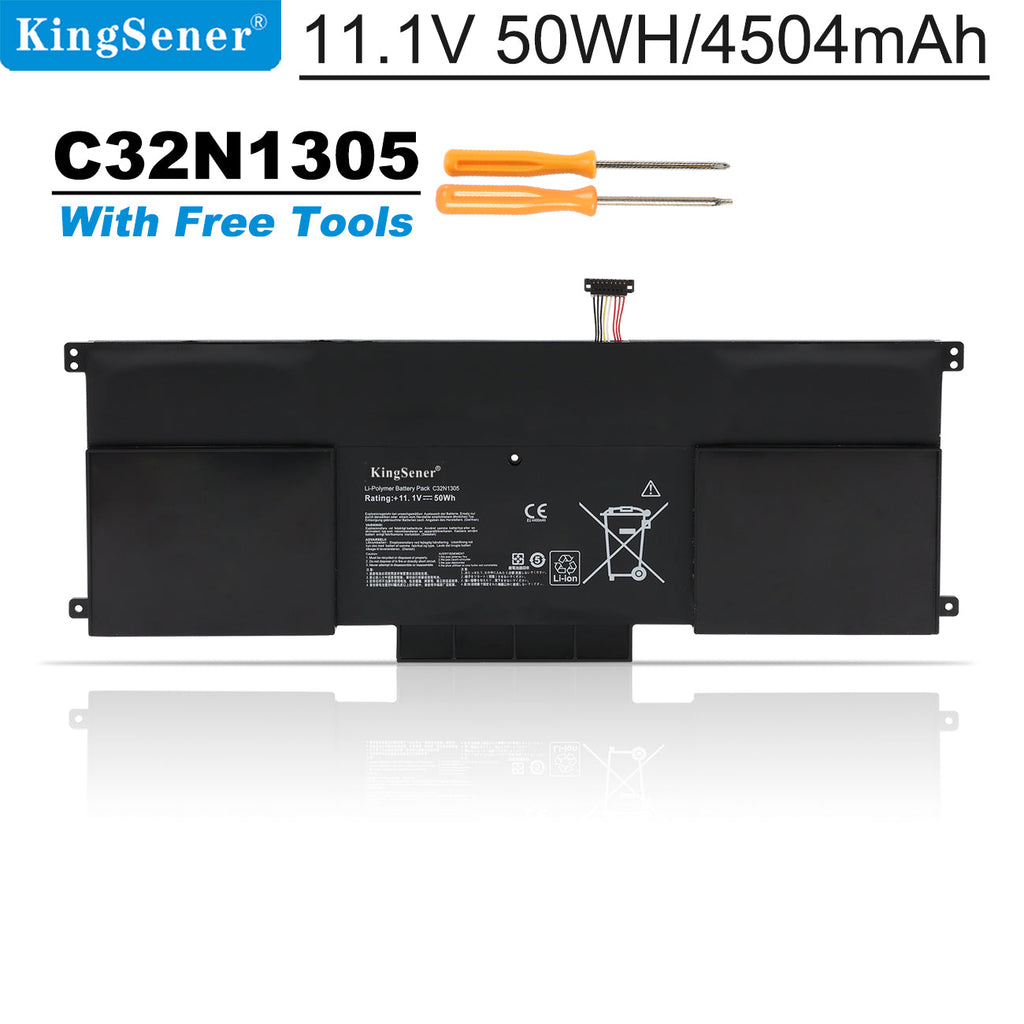 C32N1305 Laptop Battery for ASUS Zenbook UX301, 11.1V 50Wh, advertisement with specialized matte black case and tools.