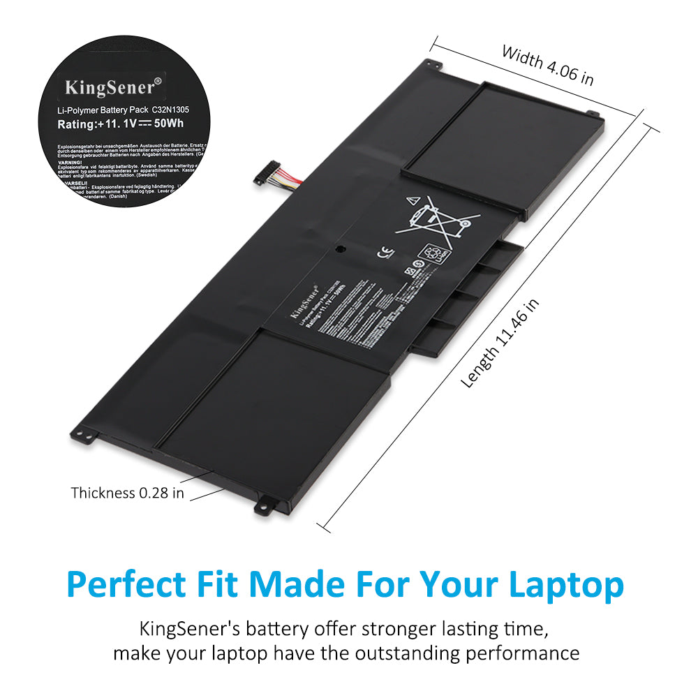 C32N1305 Laptop Battery for ASUS Zenbook UX301, 11.1V 50Wh, detailed view of CE and recycling icons.