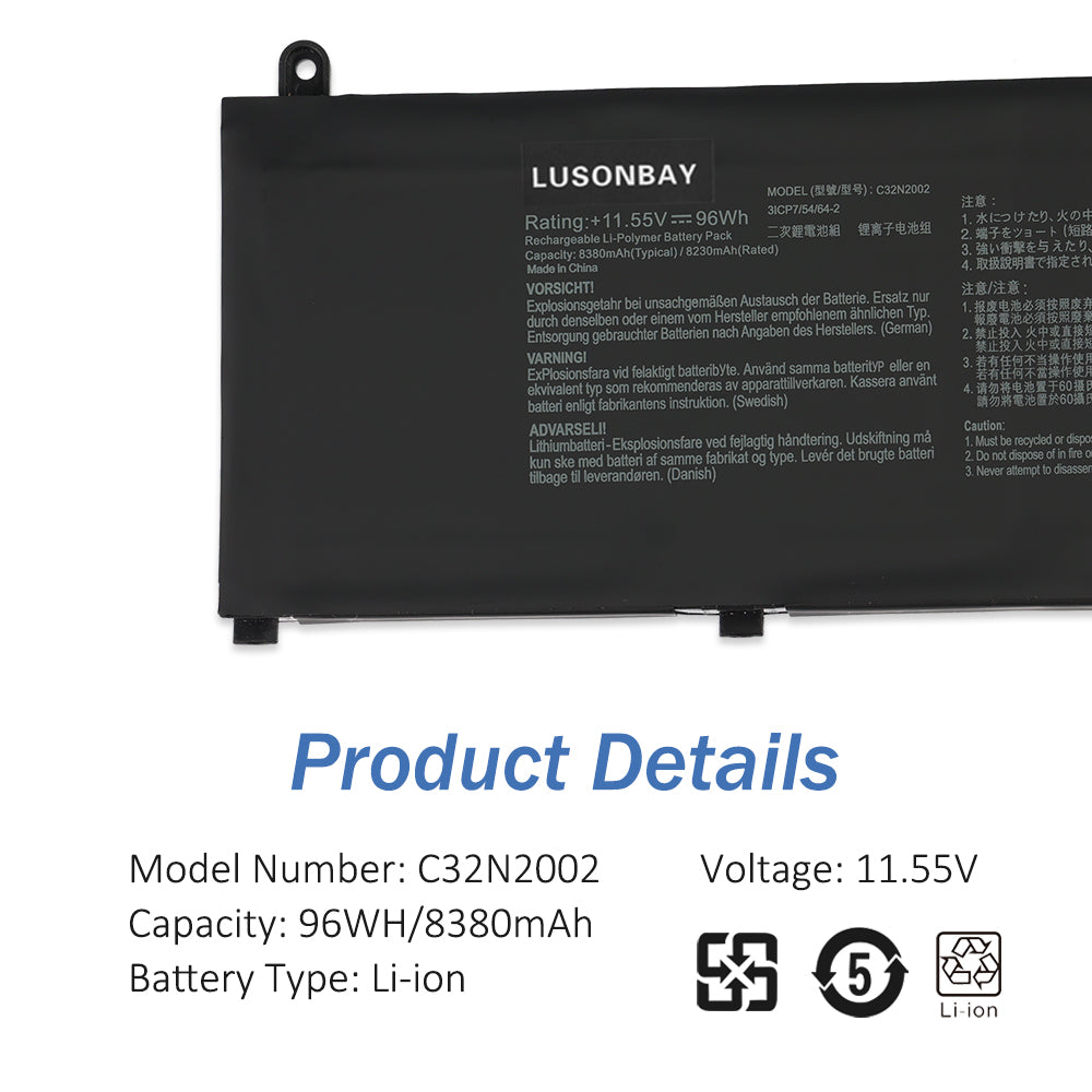 C32N2002 battery product details, Model C32N2002 Voltage 11.55V Capacity 96Wh 8380mAh Li-ion for Asus ZenBook Pro 15