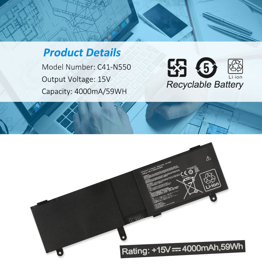C41-N550 Laptop Battery for ASUS N550 Series, 15V 59Wh, lifestyle graphic with woman working on silver laptop.