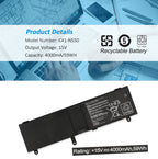 C41-N550 Laptop Battery for ASUS N550 Series, 15V 59Wh, lifestyle graphic with woman working on silver laptop.