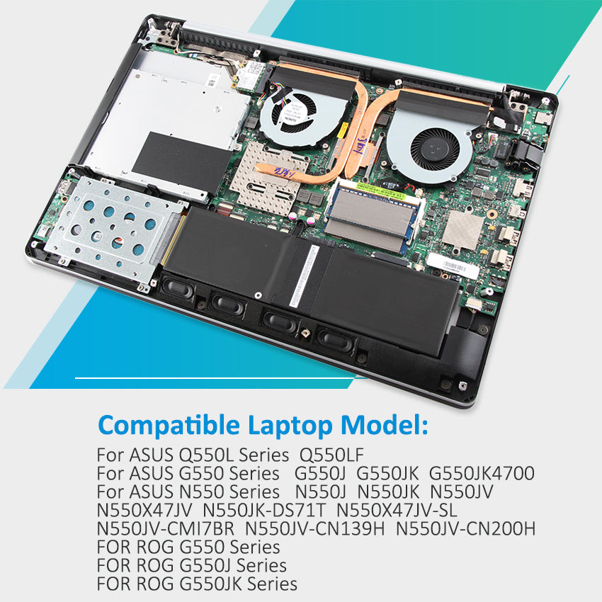 C41-N550 Laptop Battery for ASUS N550 Series, 15V 59Wh, close-up of multilingual warnings and WEEE trash bin icon.