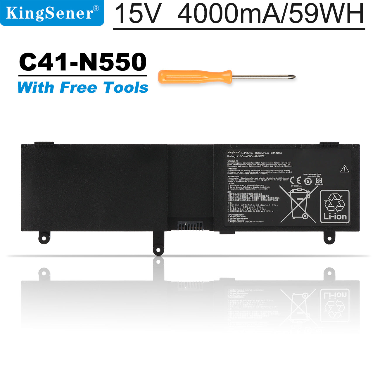 C41-N550 Laptop Battery for ASUS N550 Series, 15V 59Wh, advertisement view with translucent orange screwdriver.