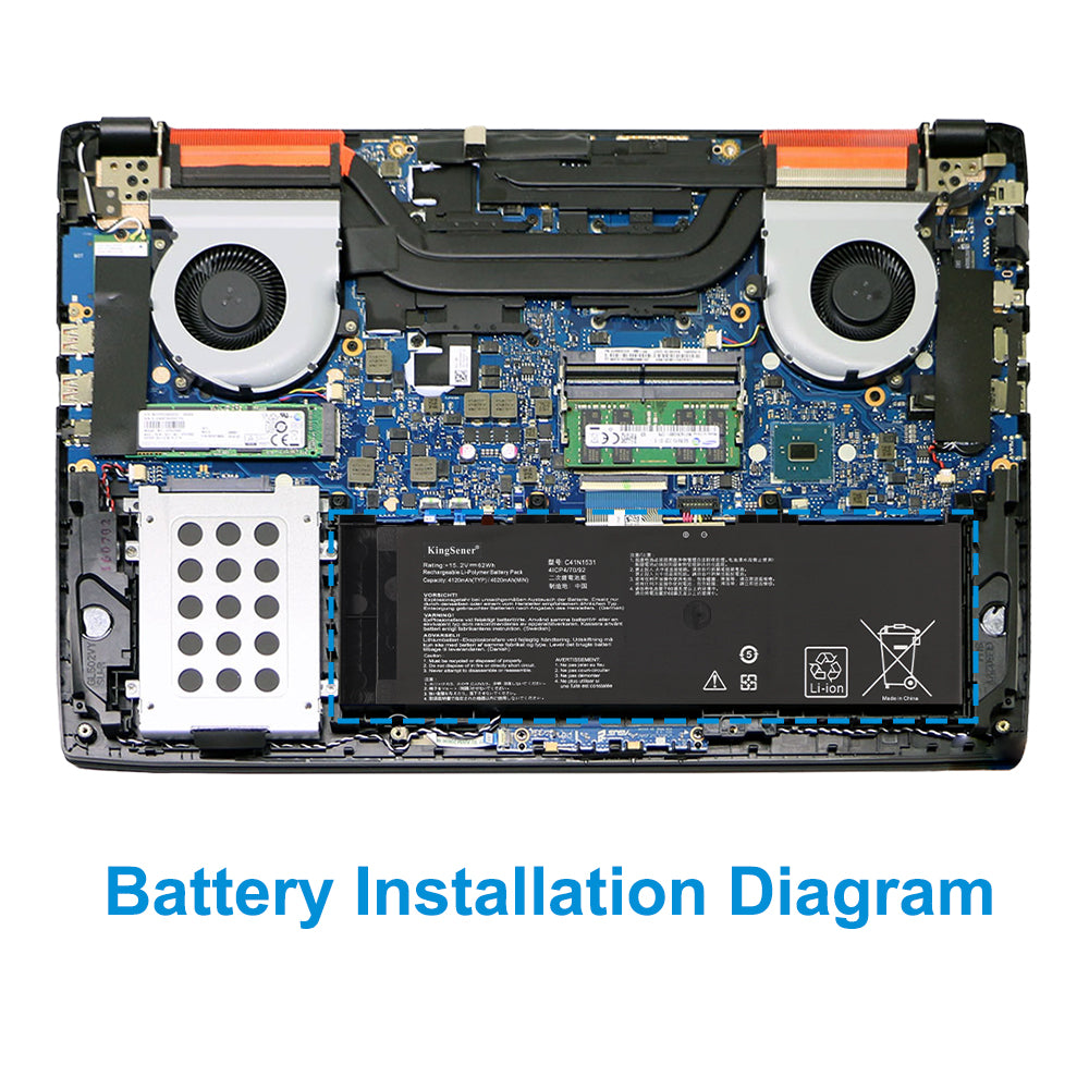 C41N1531 battery installed inside ASUS laptop with dual fans and copper heat pipes, exact fit position