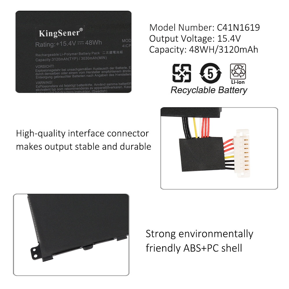 C41N1619 Laptop Battery for ASUS Pro B9440, 15.4V 48Wh, close-up of white multi-pin connector and L-shape corner.