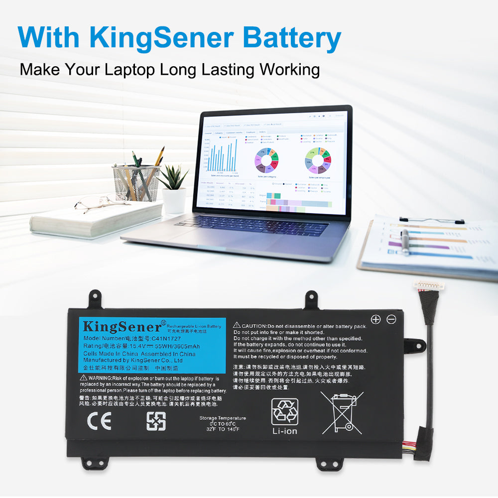 C41N1727 Replacement Laptop Battery for ASUS ROG Zephyrus GM501, 15.4V 55WH, top view of the KingSener blue branding label.