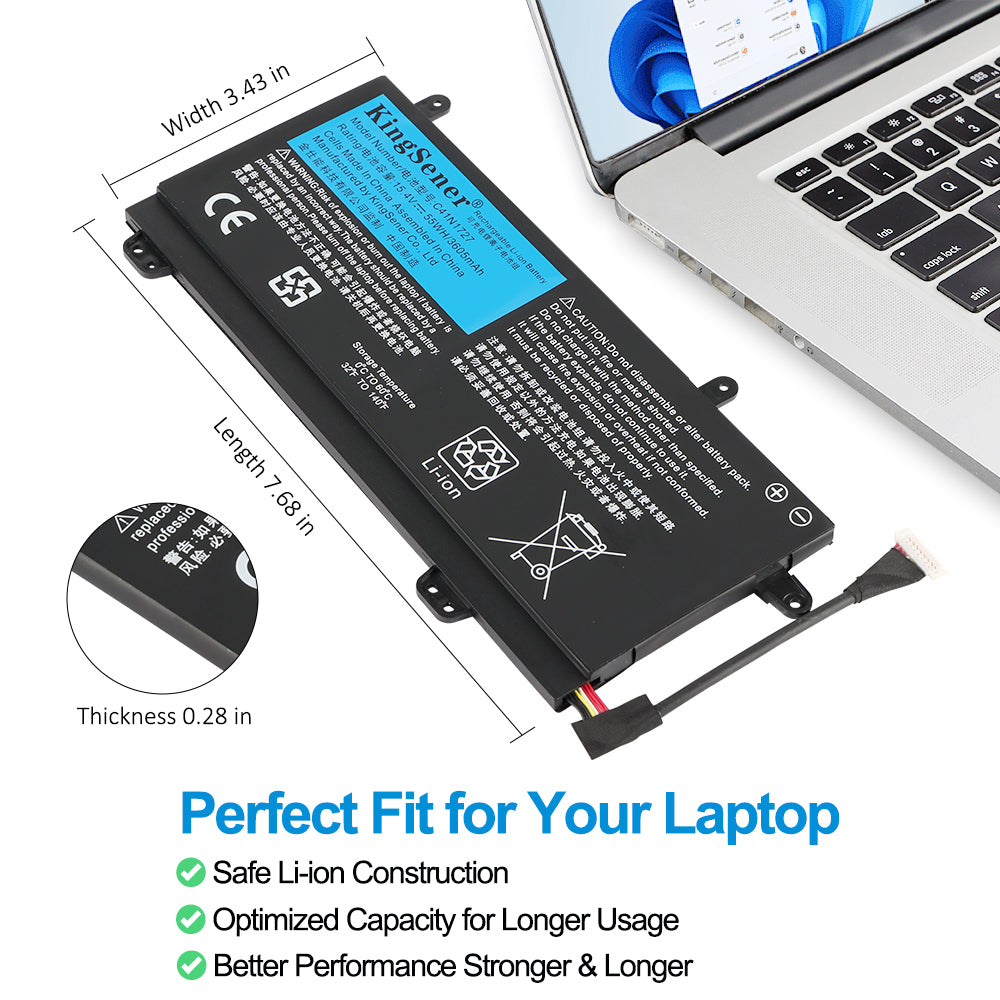 C41N1727 Replacement Laptop Battery for ASUS ROG Zephyrus GM501, 15.4V 55WH, close-up of the safety and caution instructions.