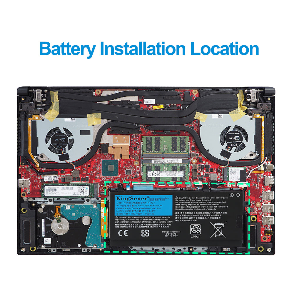 C41N1727 Replacement Laptop Battery for ASUS ROG Zephyrus GM501, 15.4V 55WH, view of the CE and recycling compliance logos.
