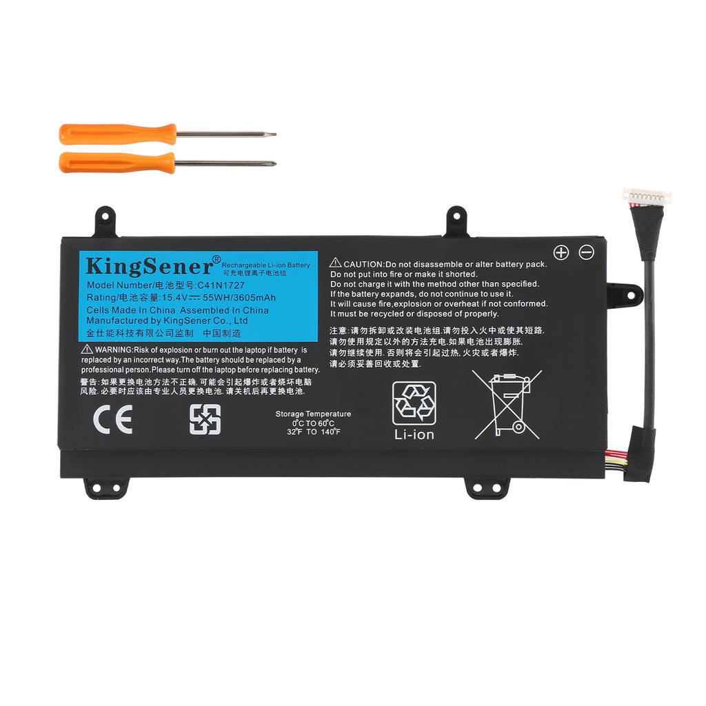 C41N1727 Replacement Laptop Battery for ASUS ROG Zephyrus GM501, 15.4V 55WH, rectangular black battery with tools.