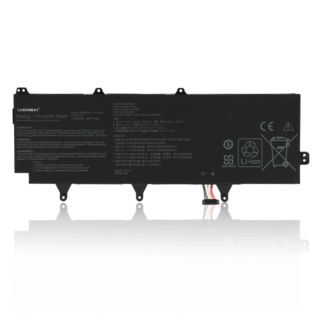 C41N1802 replacement battery for Asus ROG Zephyrus S GX701GW GX701GX, Li-ion 15.4V 76Wh 4935mAh, full label view with connector