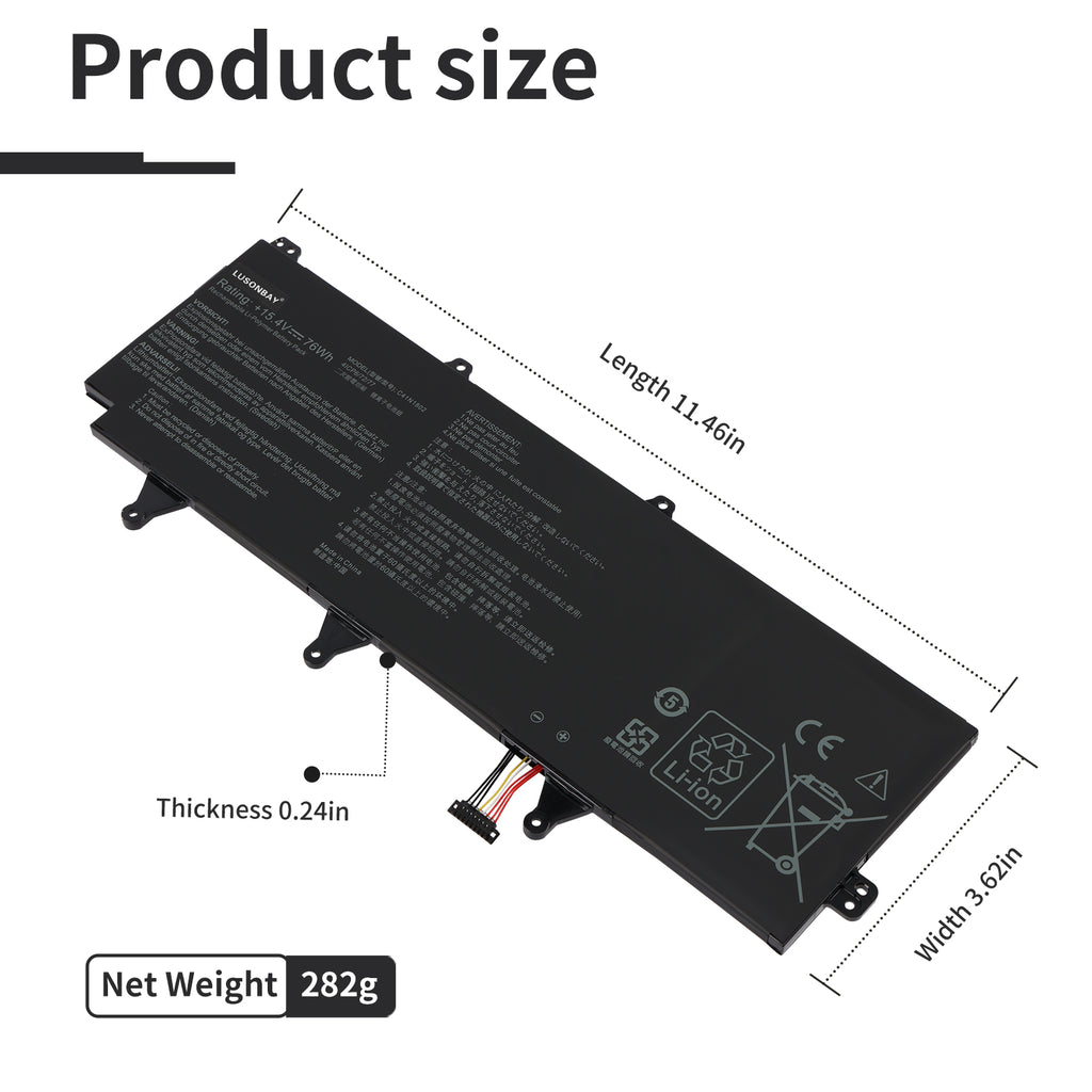 C41N1802 Asus ROG Zephyrus battery dimensions 11.46 x 3.62 x 0.24 inches, net weight 282g, product size diagram