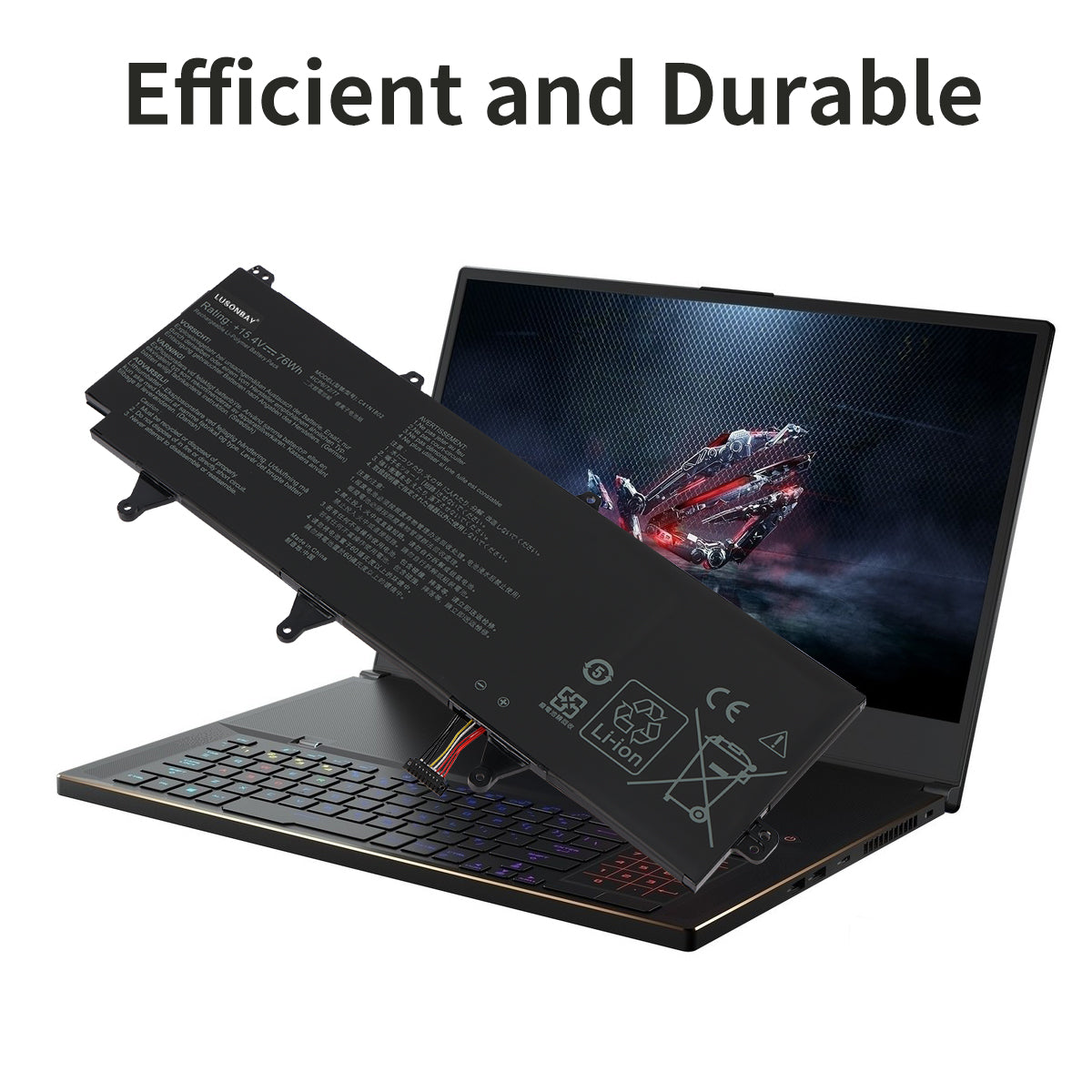 C41N1802 battery mounting inside Asus ROG Zephyrus S GX701GV gaming laptop, efficient durable replacement with RGB keyboard scene