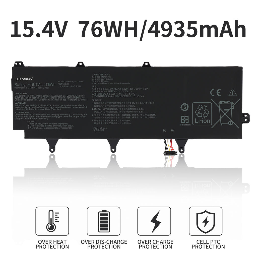 C41N1802 battery 15.4V 76Wh 4935mAh Li-ion for Asus ROG Zephyrus S GX701GX, with overheat over-discharge overcharge PTC protection icons