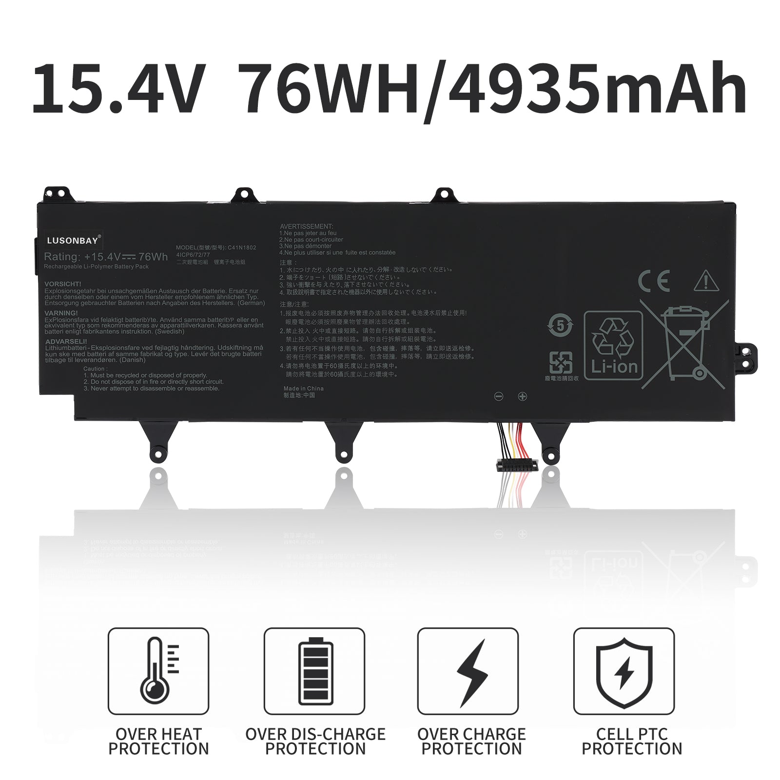 C41N1802 battery 15.4V 76Wh 4935mAh Li-ion for Asus ROG Zephyrus S GX701GX, with overheat over-discharge overcharge PTC protection icons