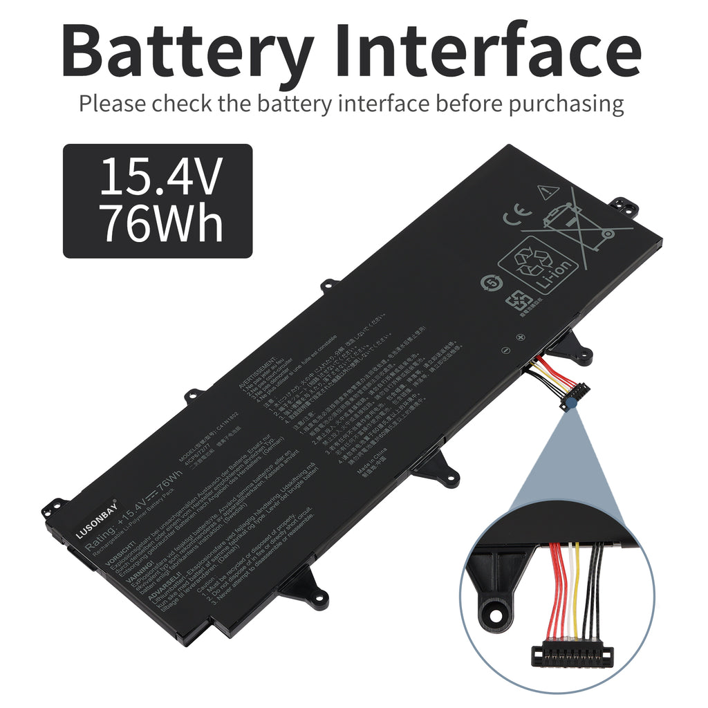 C41N1802 Asus ROG battery interface connector with multi-pin plug close-up detail, 15.4V 76Wh compatibility check before purchasing