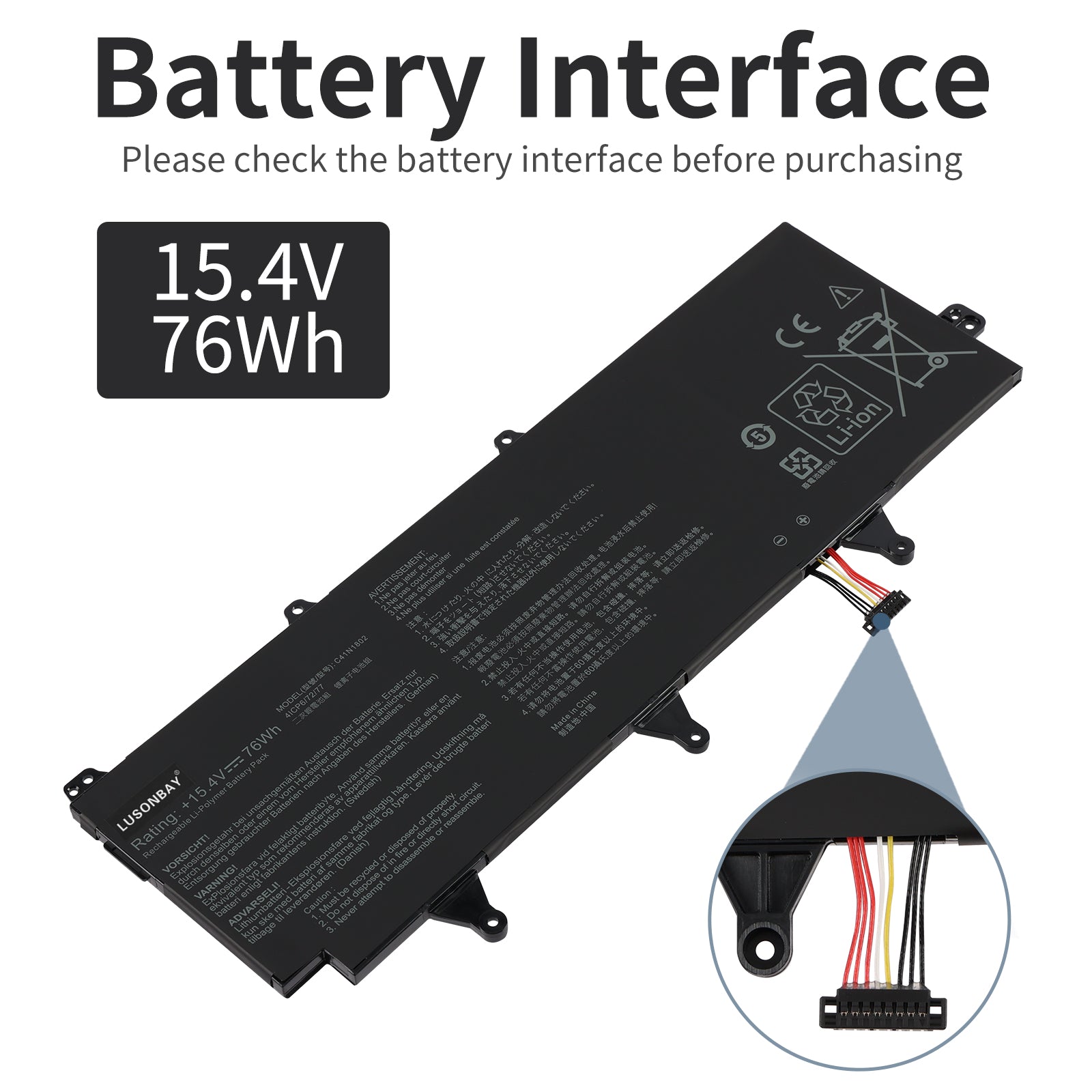 C41N1802 Asus ROG battery interface connector with multi-pin plug close-up detail, 15.4V 76Wh compatibility check before purchasing