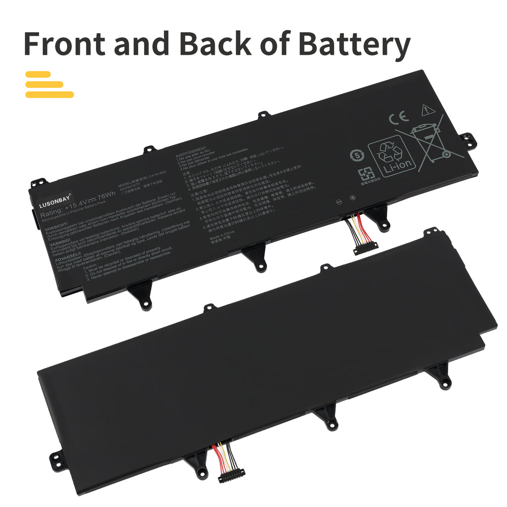 C41N1802 replacement battery front and back dual side view, Li-ion 15.4V 76Wh for Asus ROG Zephyrus S GX701G and GX735 series