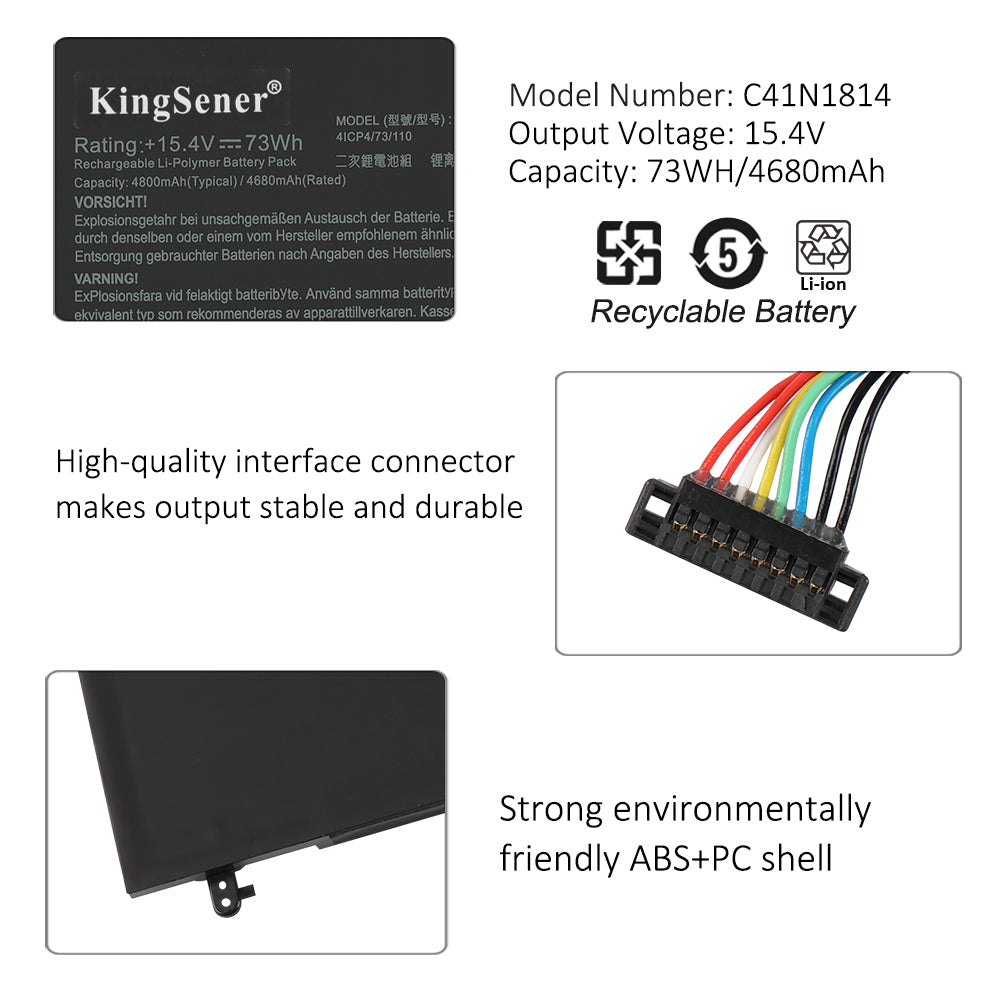 C41N1814 Battery for ASUS ZenBook 15 UX533 UX533FD UX533FN RX533 RX533FD — 15.4V 73Wh