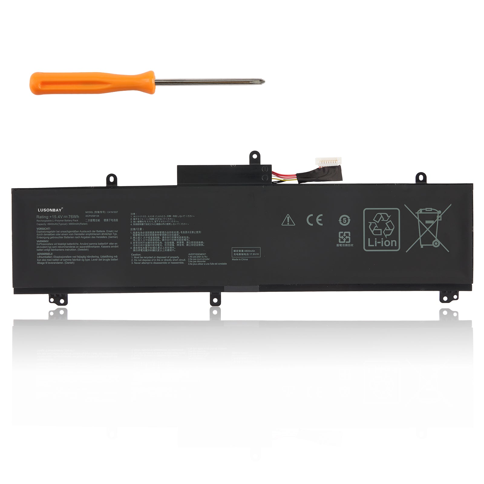 LUSONBAY C41N1837 Laptop Battery For Asus TUF Dash F15 FX516PR FX516PR-AZ019T FX516PE - Front View on White