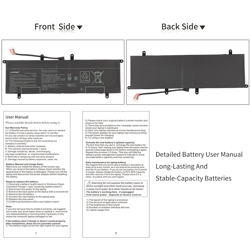 LUSONBAY C41N1901 Laptop Battery For ASUS ZenBook Duo UX481F UX481FA UX481FAY UX481FL - Front and back of the battery