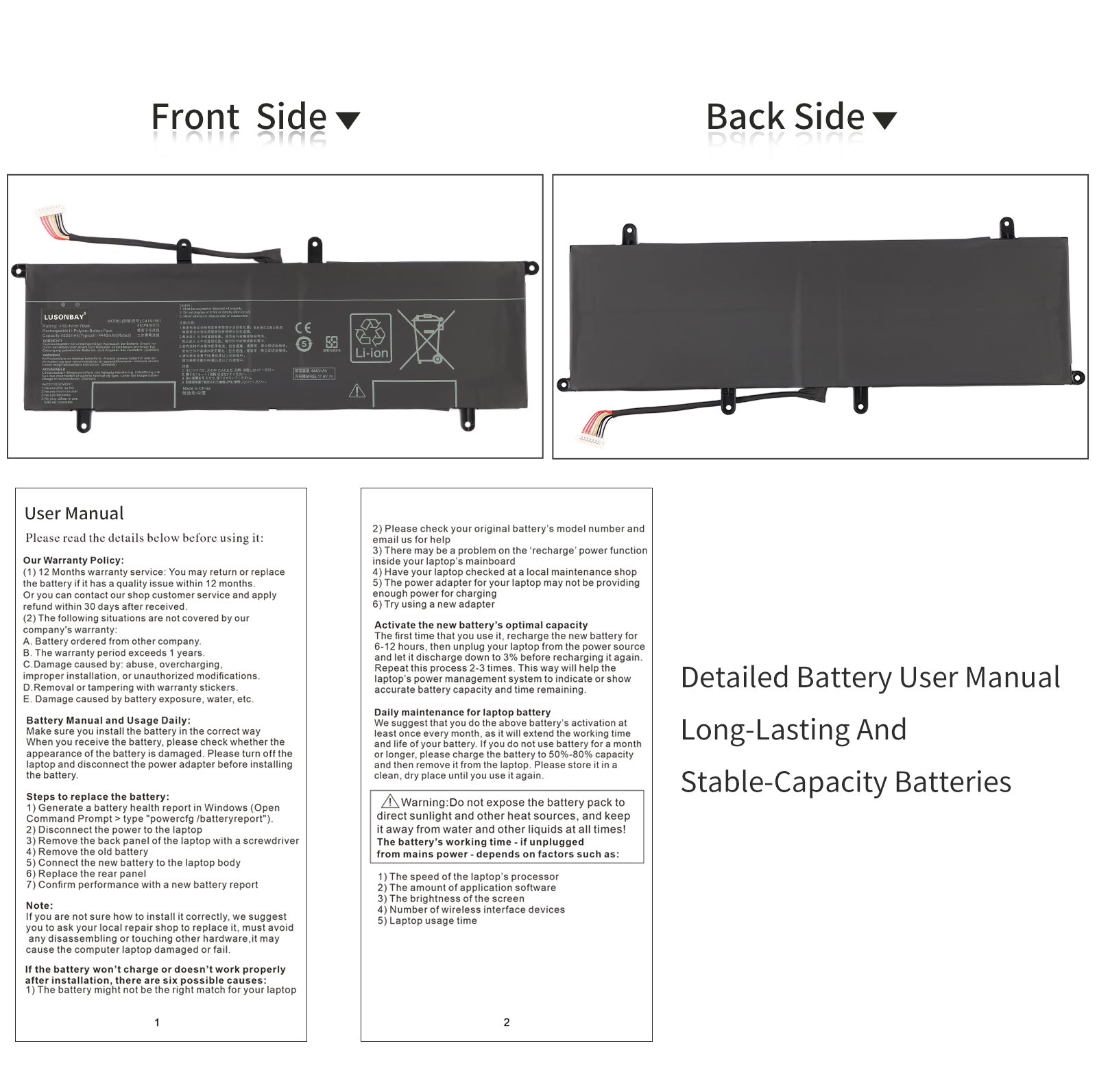 LUSONBAY C41N1901 Laptop Battery For ASUS ZenBook Duo UX481F UX481FA UX481FAY UX481FL - Front and back of the battery